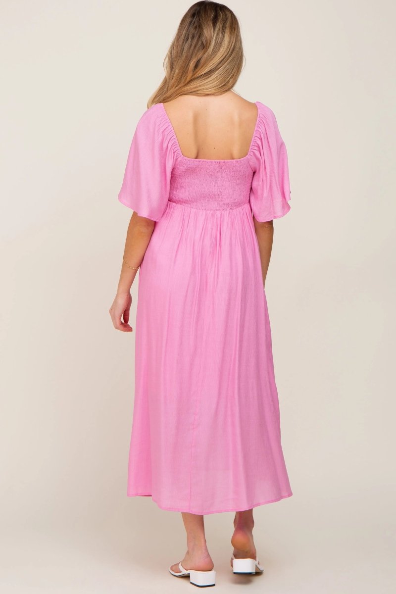 PinkBlush Elegant Maternity Midi Dress with Front Tie and Ruffle Sleeves for Expecting Moms - 
