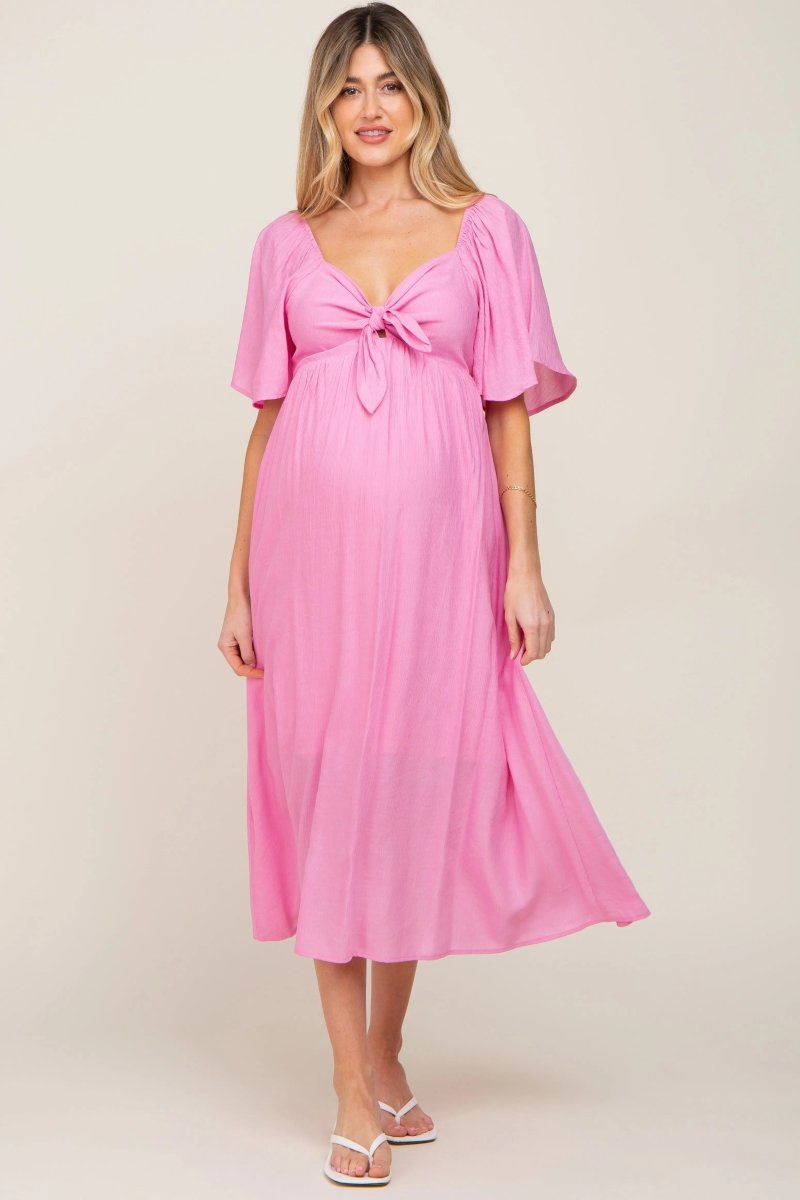 PinkBlush Elegant Maternity Midi Dress with Front Tie and Ruffle Sleeves for Expecting Moms - 