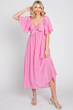 PinkBlush Elegant Maternity Midi Dress with Front Tie and Ruffle Sleeves for Expecting Moms - 