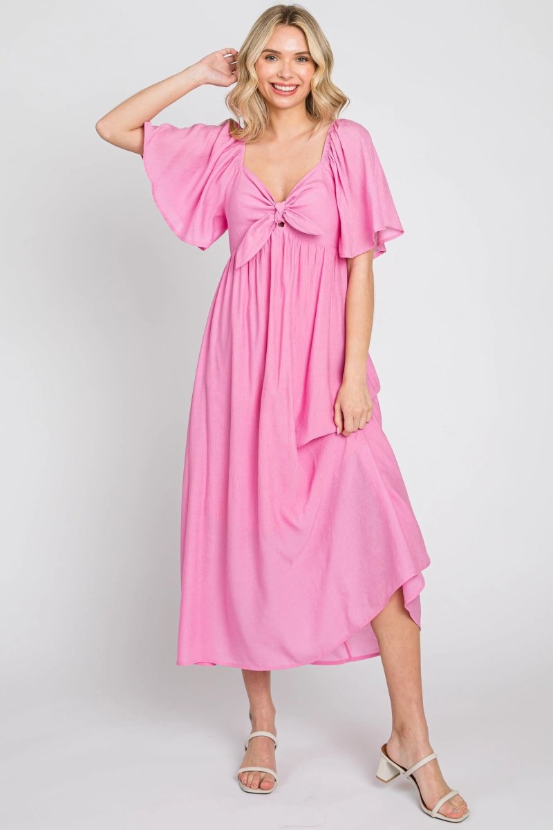PinkBlush Elegant Maternity Midi Dress with Front Tie and Ruffle Sleeves for Expecting Moms - 