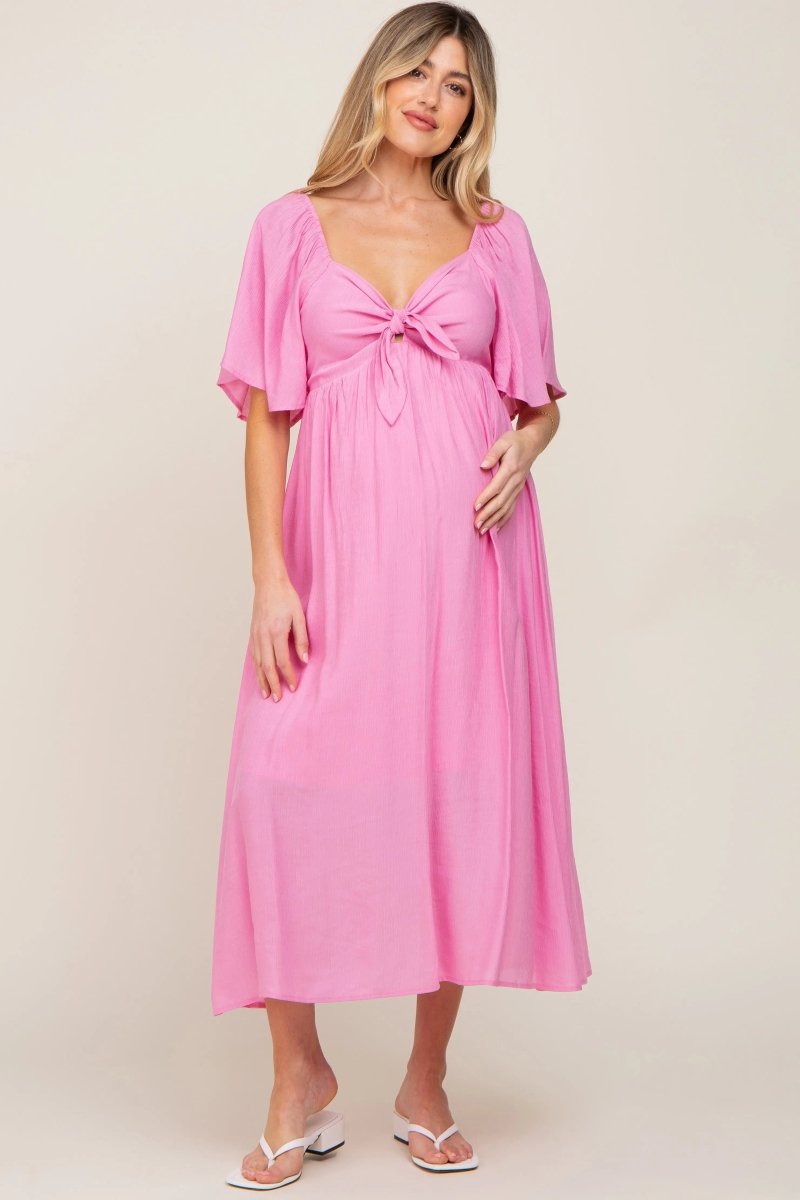 PinkBlush Elegant Maternity Midi Dress with Front Tie and Ruffle Sleeves for Expecting Moms - 