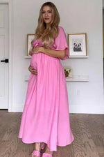 PinkBlush Elegant Maternity Midi Dress with Front Tie and Ruffle Sleeves for Expecting Moms - 