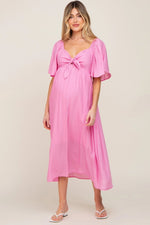 PinkBlush Elegant Maternity Midi Dress with Front Tie and Ruffle Sleeves for Expecting Moms - 
