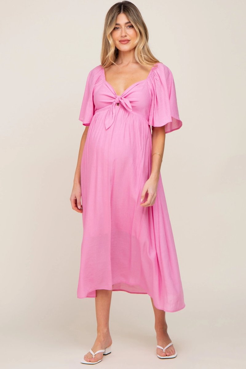 PinkBlush Elegant Maternity Midi Dress with Front Tie and Ruffle Sleeves for Expecting Moms - 