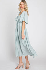 PinkBlush Elegant Maternity Midi Dress with Front Tie and Ruffle Sleeves for Expecting Mothers - 