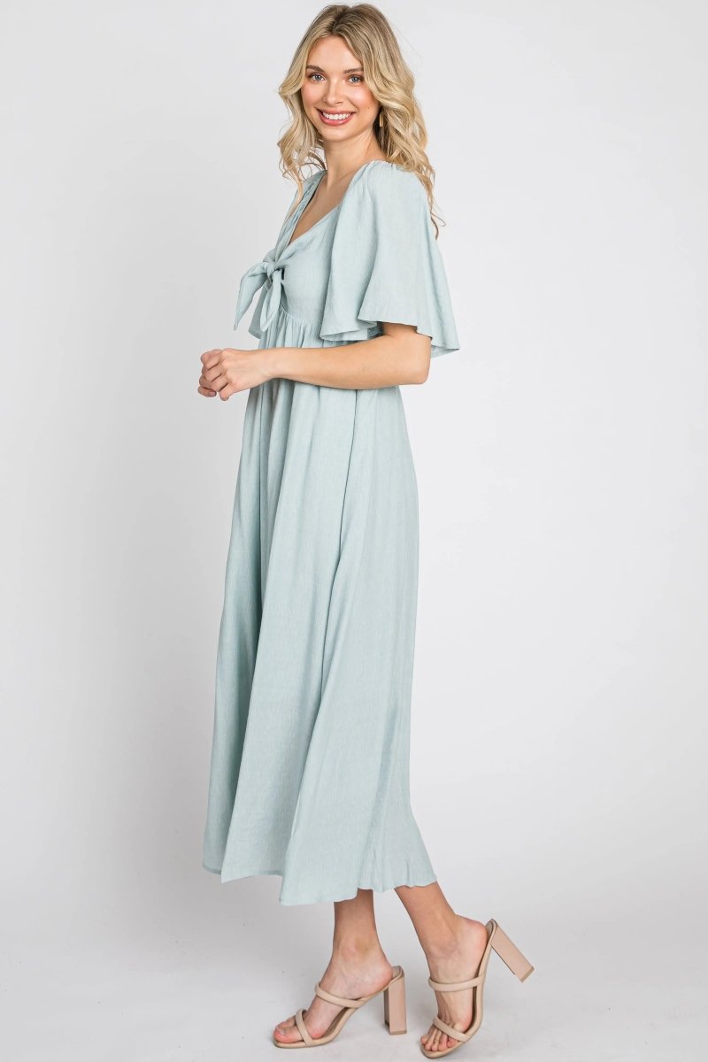 PinkBlush Elegant Maternity Midi Dress with Front Tie and Ruffle Sleeves for Expecting Mothers - 