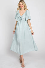 PinkBlush Elegant Maternity Midi Dress with Front Tie and Ruffle Sleeves for Expecting Mothers - 