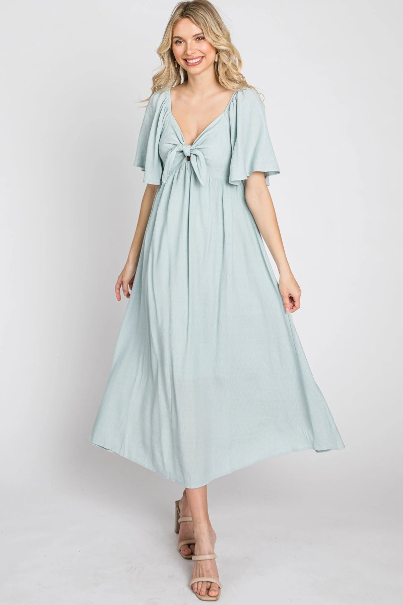 PinkBlush Elegant Maternity Midi Dress with Front Tie and Ruffle Sleeves for Expecting Mothers - 