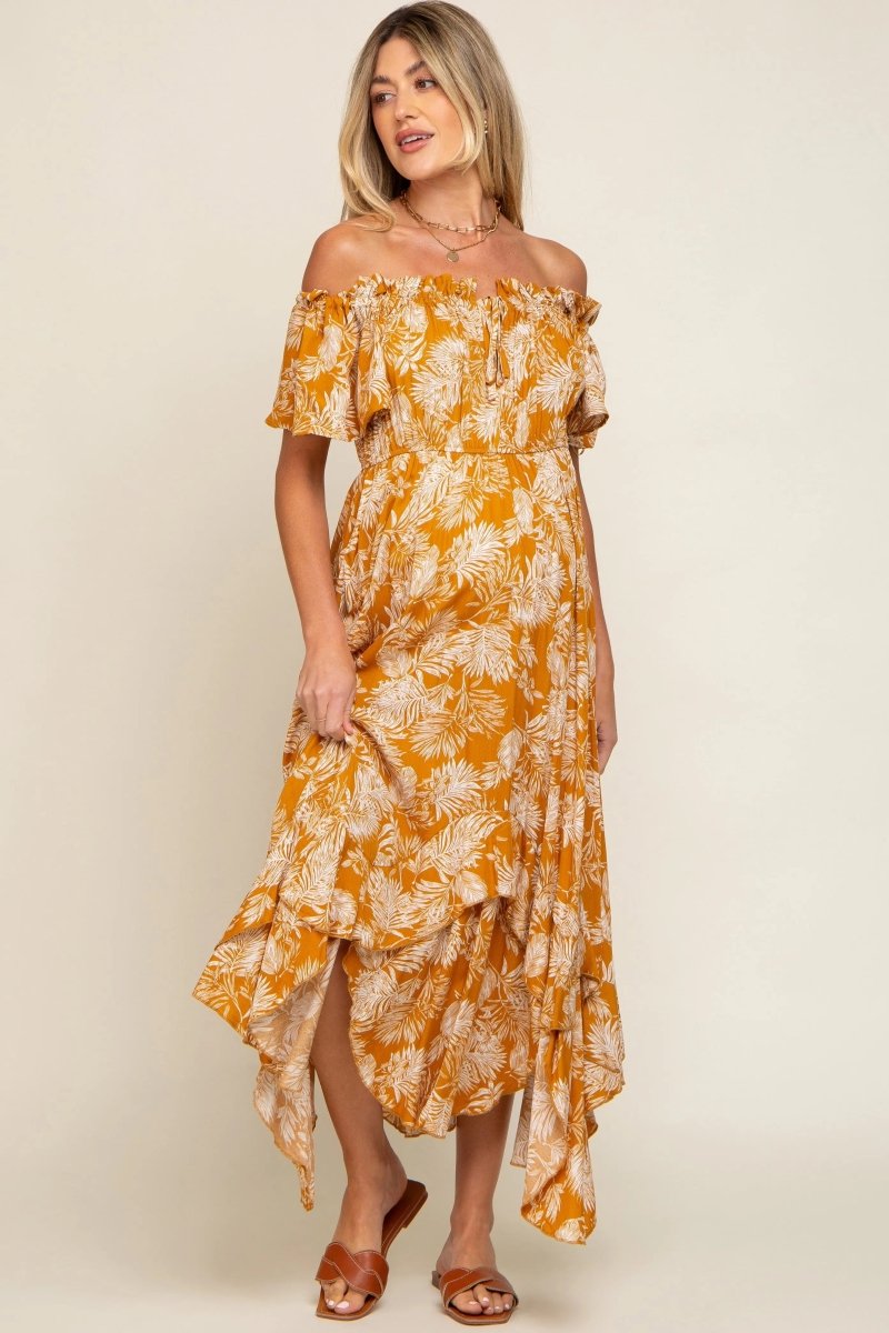 PinkBlush Elegant Maternity Midi Dress with Leaf Print for Expecting Mothers - 