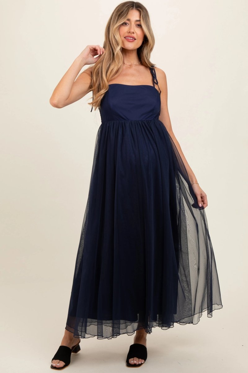 PinkBlush Elegant Navy Blue Tulle Maternity Maxi Dress with Adjustable Straps - 
