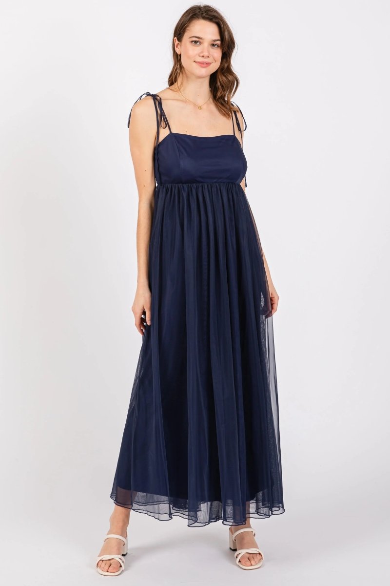 PinkBlush Elegant Navy Blue Tulle Maternity Maxi Dress with Adjustable Straps - 