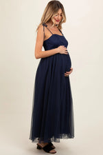 PinkBlush Elegant Navy Blue Tulle Maternity Maxi Dress with Adjustable Straps - 