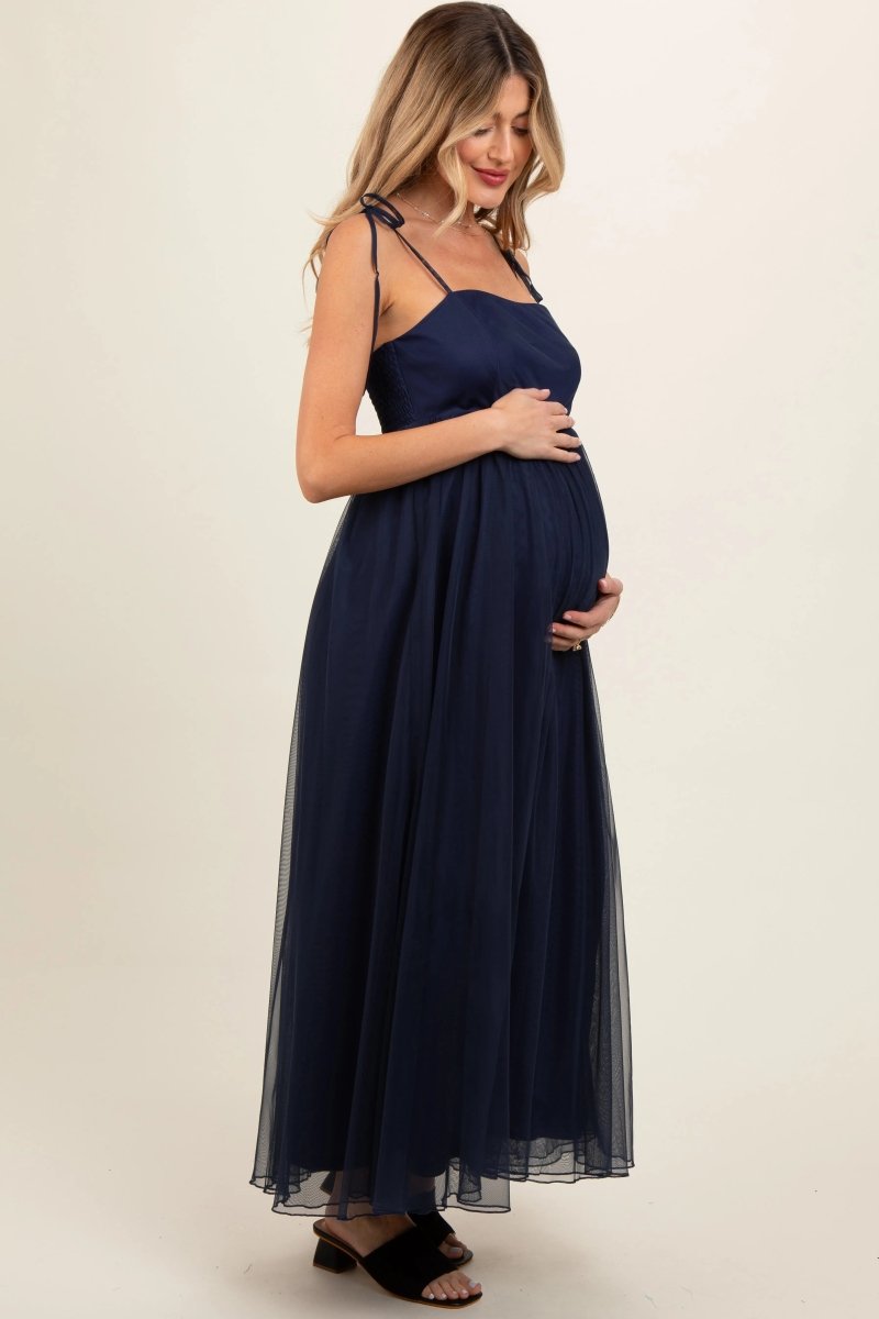 PinkBlush Elegant Navy Blue Tulle Maternity Maxi Dress with Adjustable Straps - 