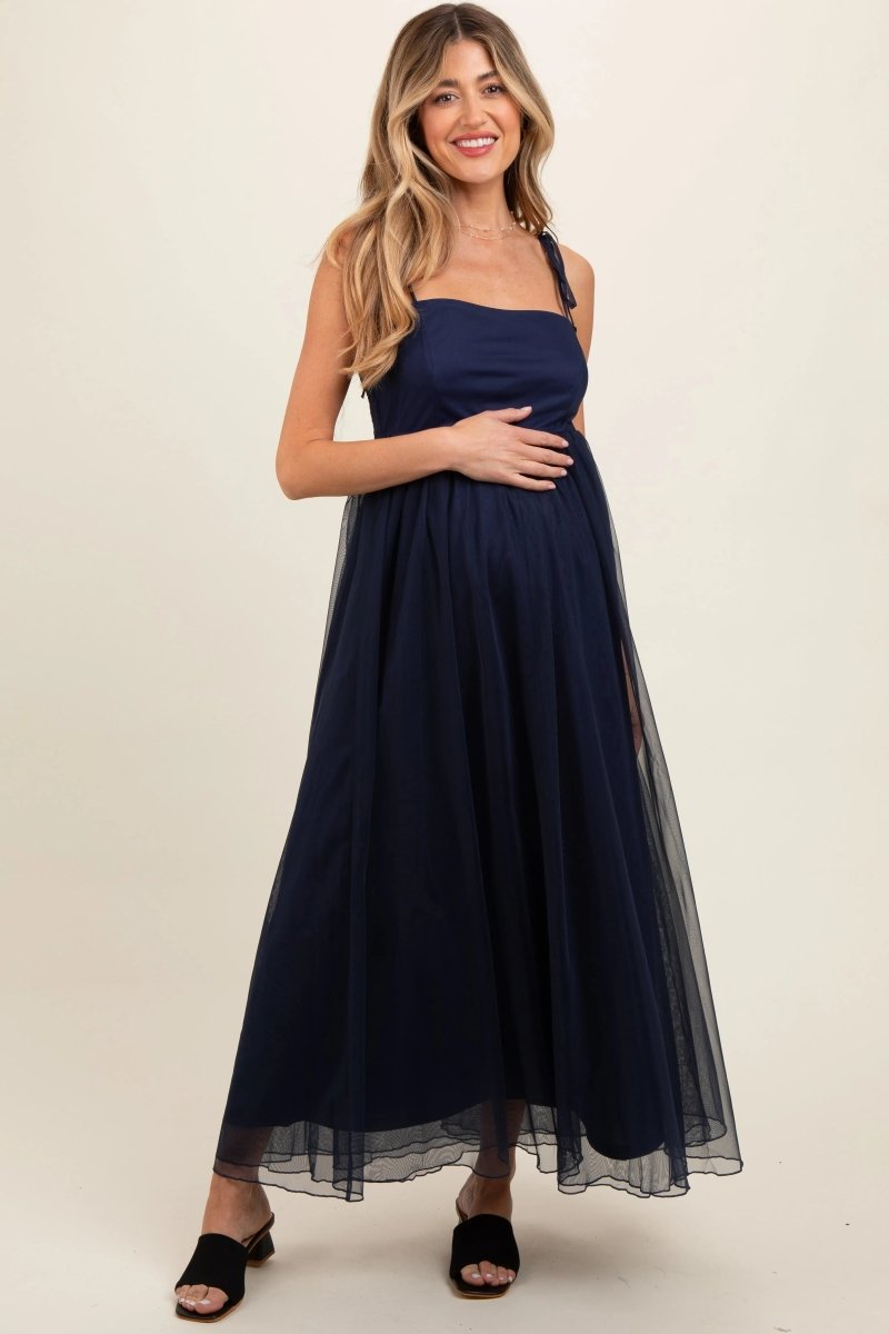 PinkBlush Elegant Navy Blue Tulle Maternity Maxi Dress with Adjustable Straps - 