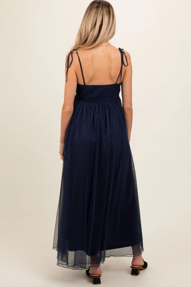 PinkBlush Elegant Navy Blue Tulle Maternity Maxi Dress with Adjustable Straps - 