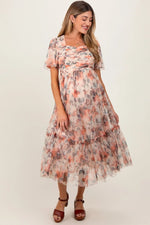 PinkBlush Elegant Peach Floral Maternity Midi Dress with Sweetheart Neck for Expecting Moms - 