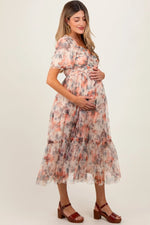 PinkBlush Elegant Peach Floral Maternity Midi Dress with Sweetheart Neck for Expecting Moms - 