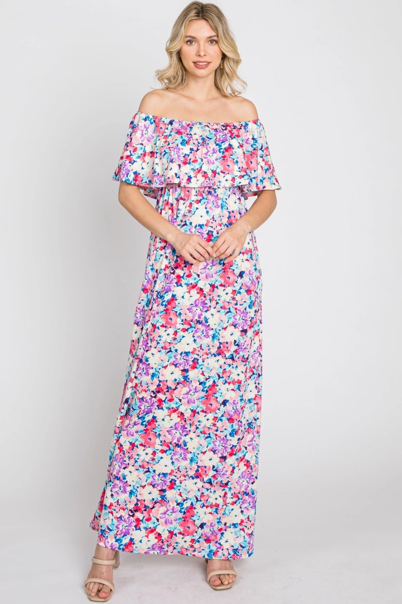 PinkBlush Elegant Pink Floral Maxi Dress with Off Shoulder Design for Women - 