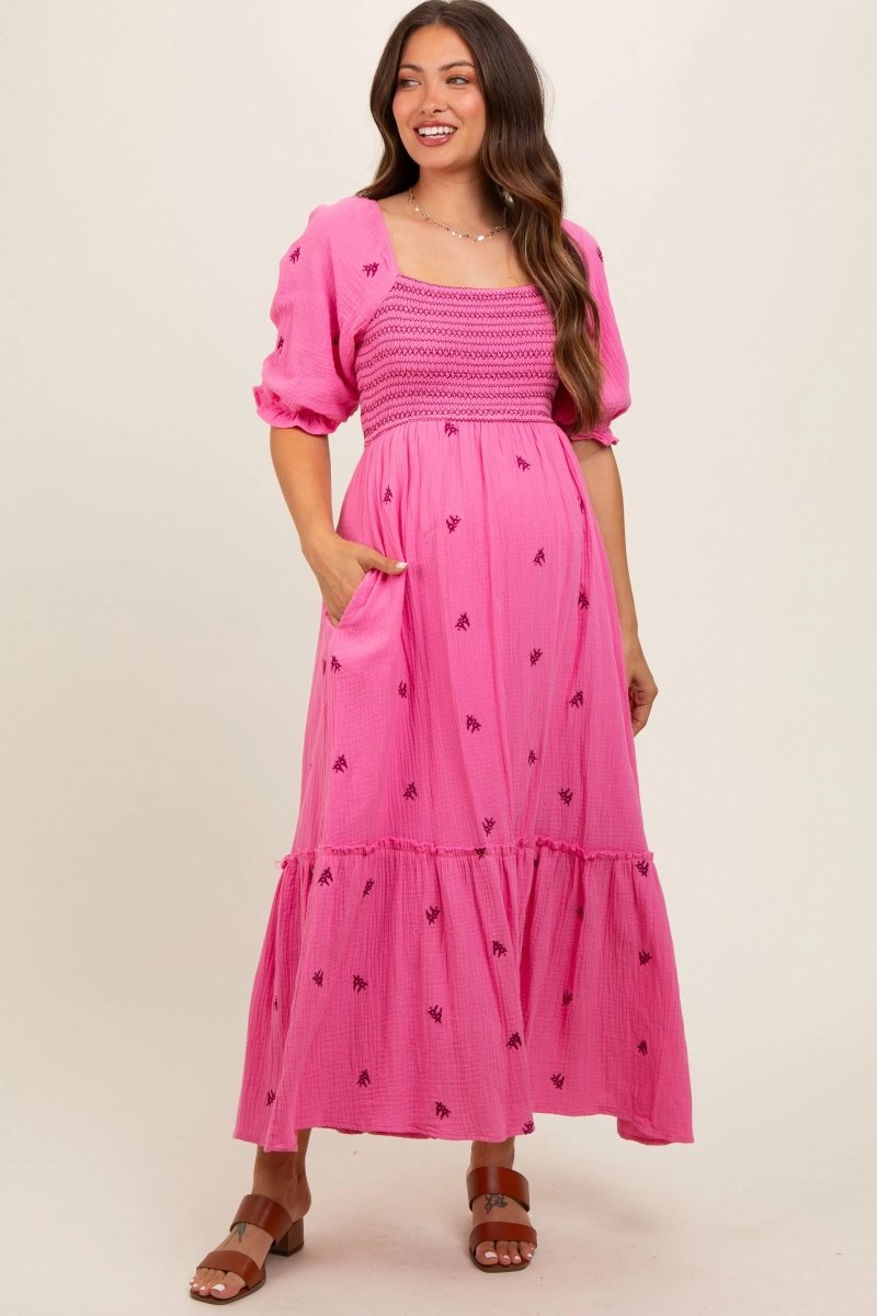 PinkBlush Elegant Pink Gauze Maternity Midi Dress with Embroidery for Expecting Moms - 