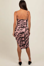 PinkBlush Elegant Pink Velvet Floral Ruched Mesh Maternity Midi Dress for Expecting Mothers - 