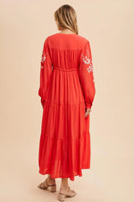 PinkBlush Elegant Red Embroidered Maxi Dress with Long Sleeves for Women - 