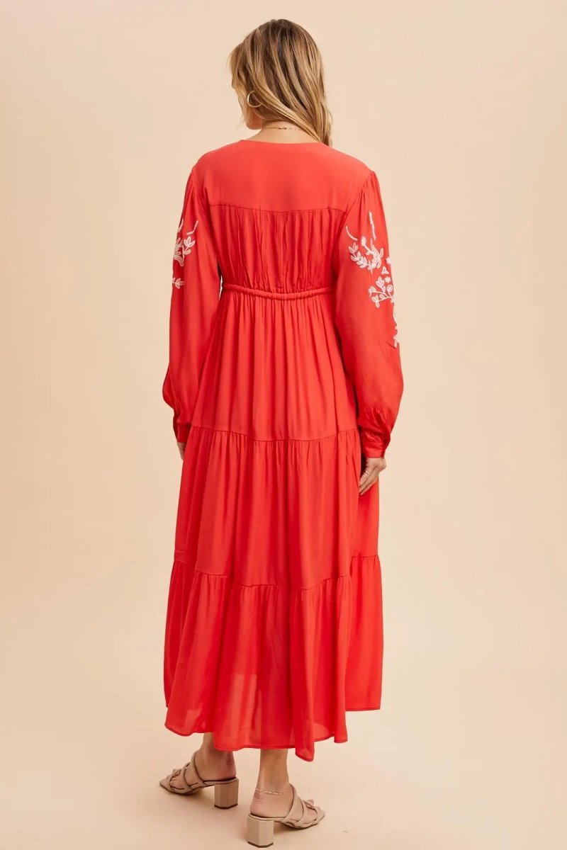 PinkBlush Elegant Red Embroidered Maxi Dress with Long Sleeves for Women - 