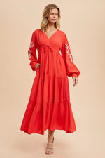 PinkBlush Elegant Red Embroidered Maxi Dress with Long Sleeves for Women - 