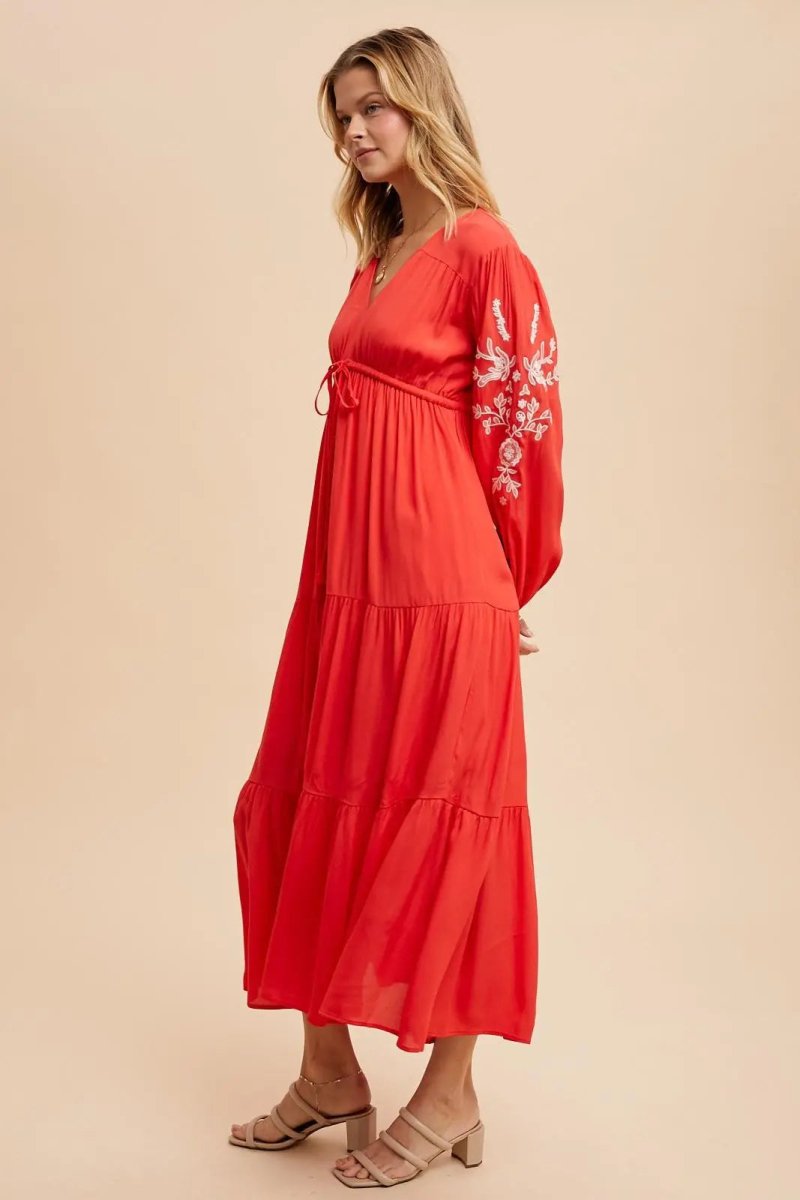 PinkBlush Elegant Red Embroidered Maxi Dress with Long Sleeves for Women - 