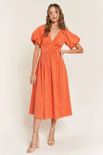 PinkBlush Elegant Rust V Neck Midi Dress for Casual and Chic Occasions - 