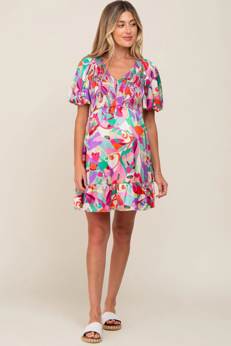 PinkBlush Elegant Satin Maternity Dress with Smocked V Neck for Expecting Mothers - 