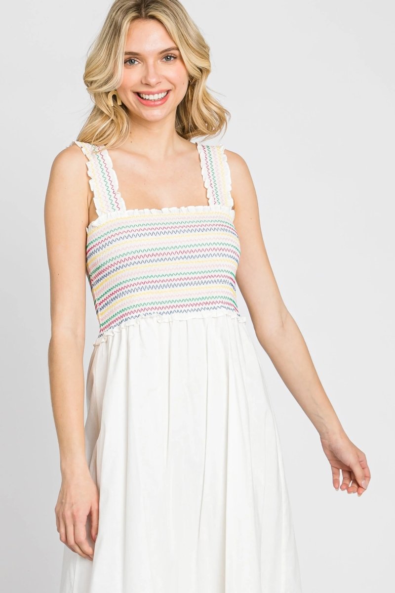 PinkBlush Elegant White Midi Dress with Colorful Embroidery for Summer Gatherings - 