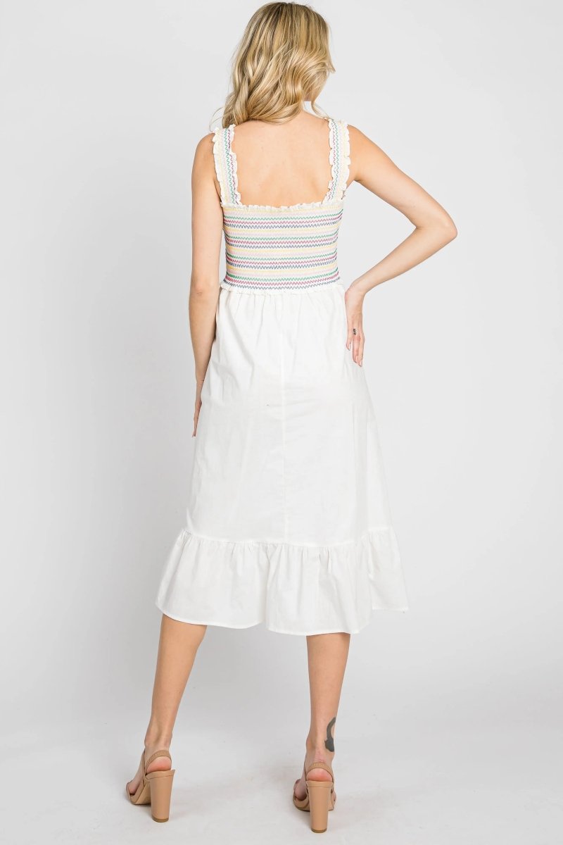 PinkBlush Elegant White Midi Dress with Colorful Embroidery for Summer Gatherings - 