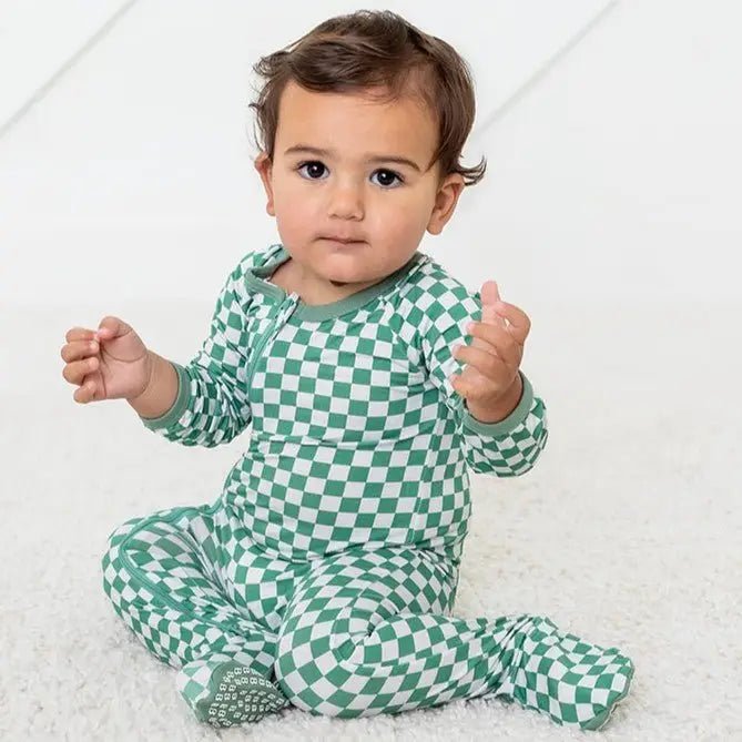 Bestaroo Emerald Checks Bamboo Baby Footie With Dual Zipper Mittens Fold Over Foot Grips - 