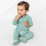 Bestaroo Emerald Checks Bamboo Baby Footie With Dual Zipper Mittens Fold Over Foot Grips - 