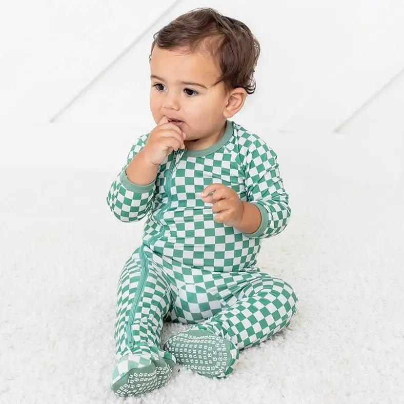 Bestaroo Emerald Checks Bamboo Baby Footie With Dual Zipper Mittens Fold Over Foot Grips - 