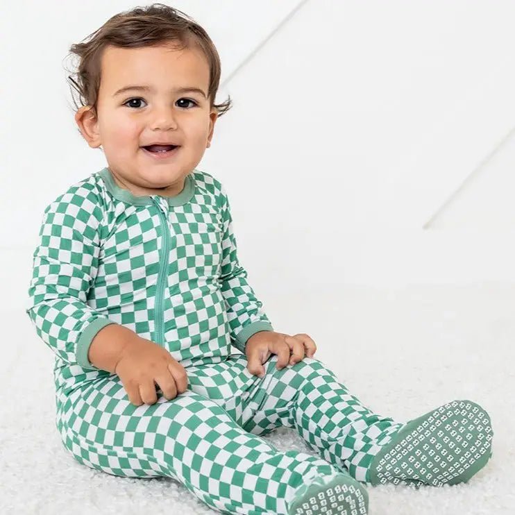 Bestaroo Emerald Checks Bamboo Baby Footie With Dual Zipper Mittens Fold Over Foot Grips - 