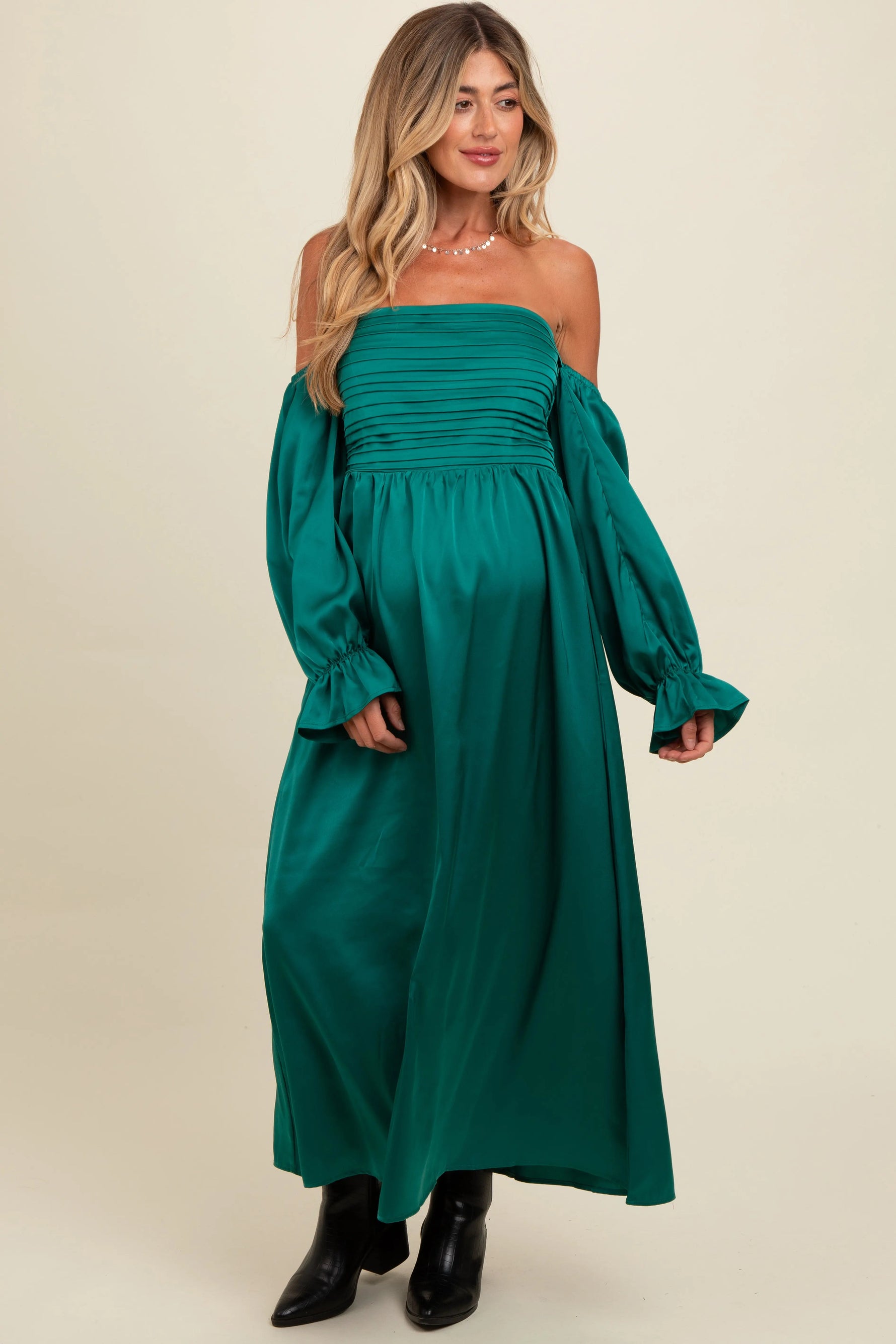 PinkBlush Emerald Green Off Shoulder Satin Pleated Bodice Maternity Maxi Dress - 