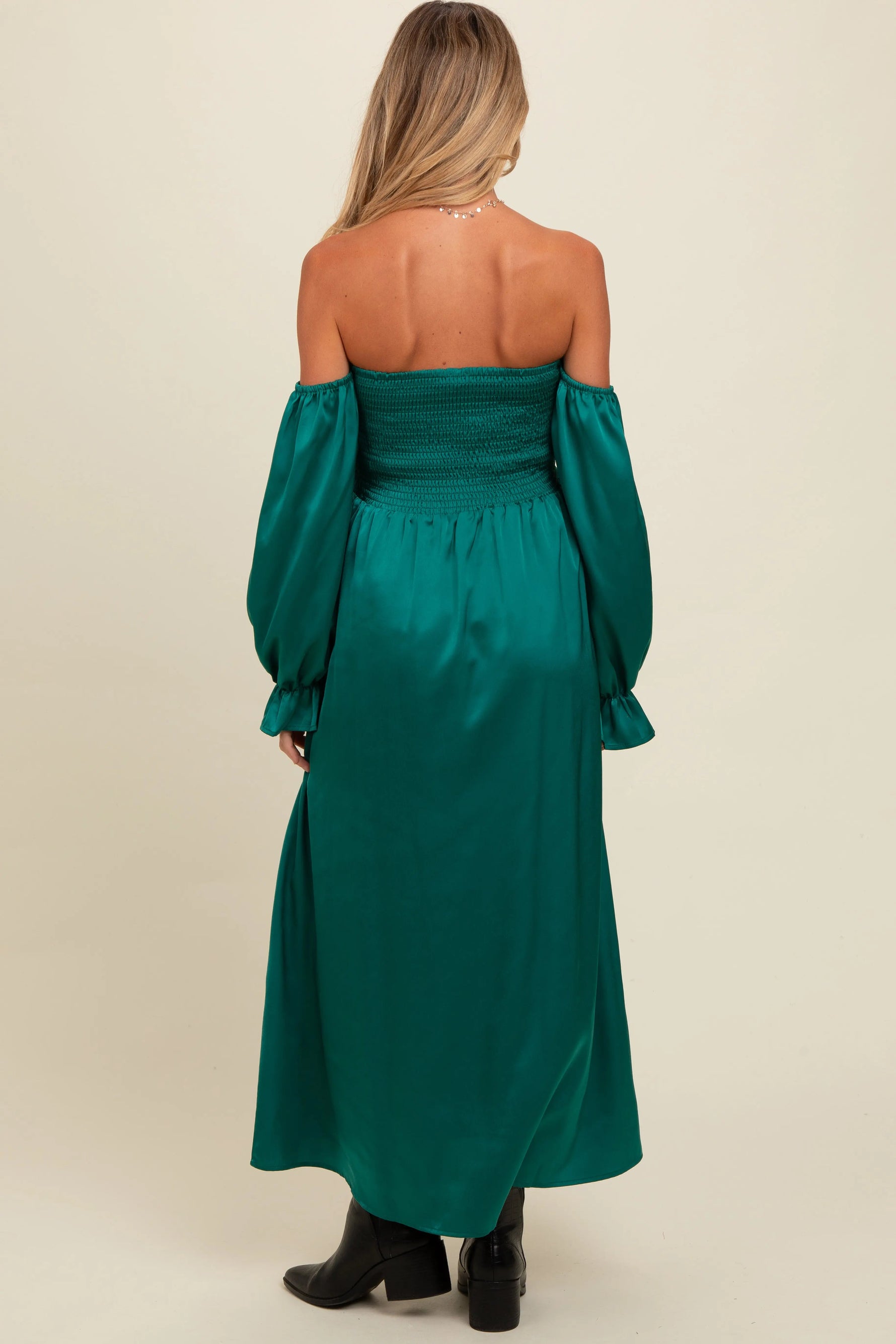 PinkBlush Emerald Green Off Shoulder Satin Pleated Bodice Maternity Maxi Dress - 