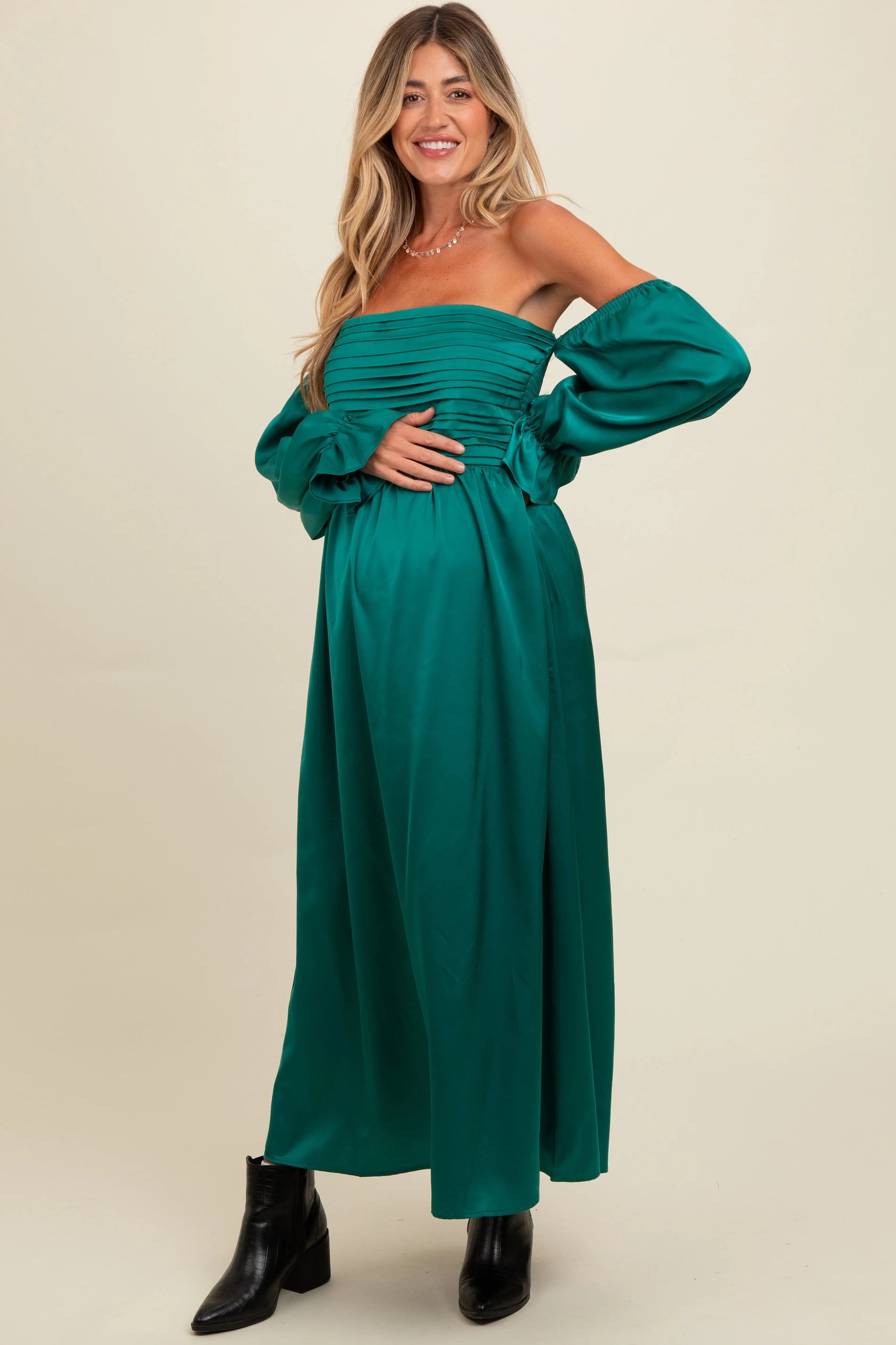 PinkBlush Emerald Green Off Shoulder Satin Pleated Bodice Maternity Maxi Dress - 