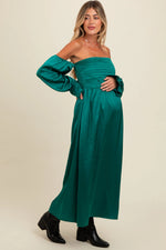 PinkBlush Emerald Green Off Shoulder Satin Pleated Bodice Maternity Maxi Dress - 