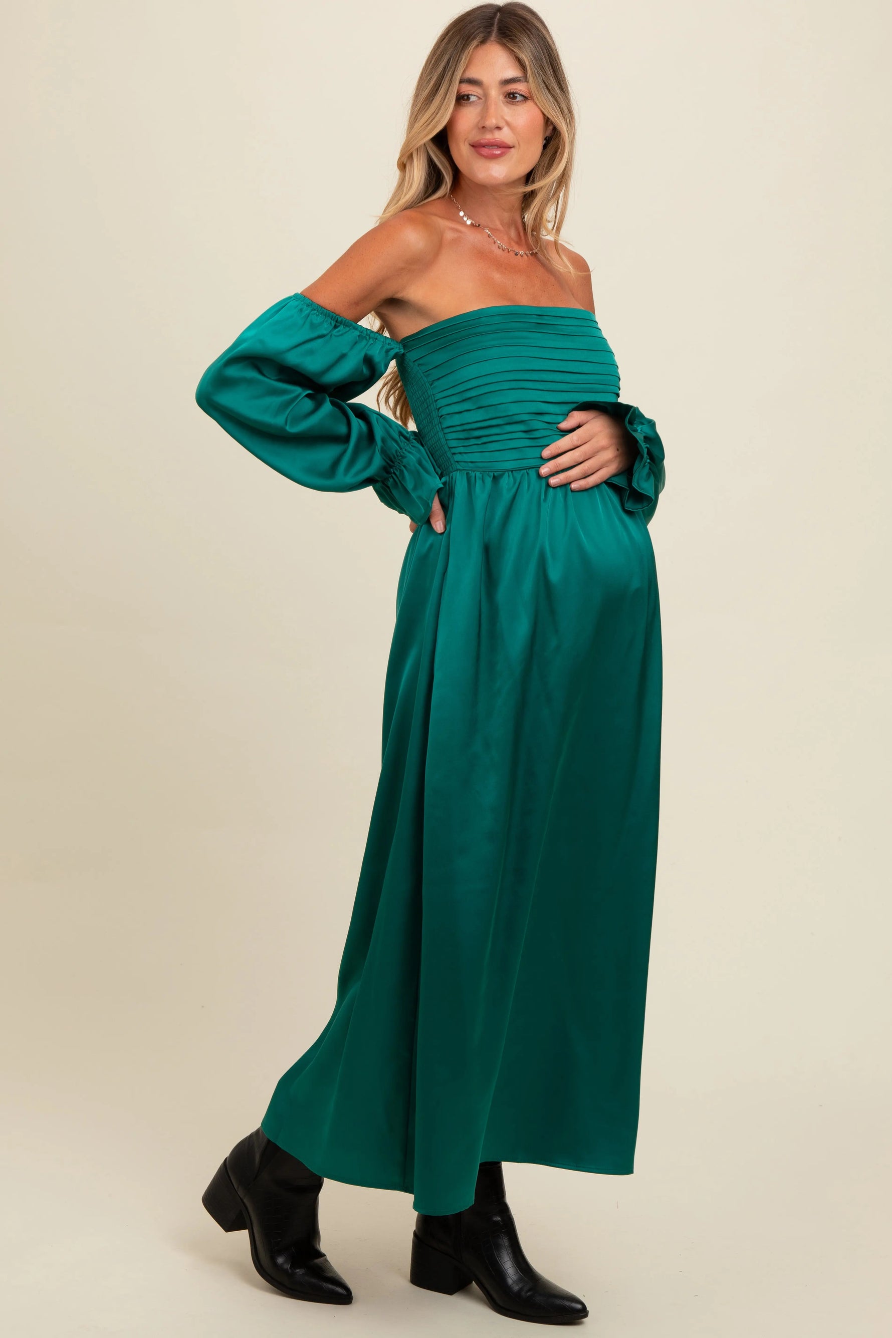 PinkBlush Emerald Green Off Shoulder Satin Pleated Bodice Maternity Maxi Dress - 