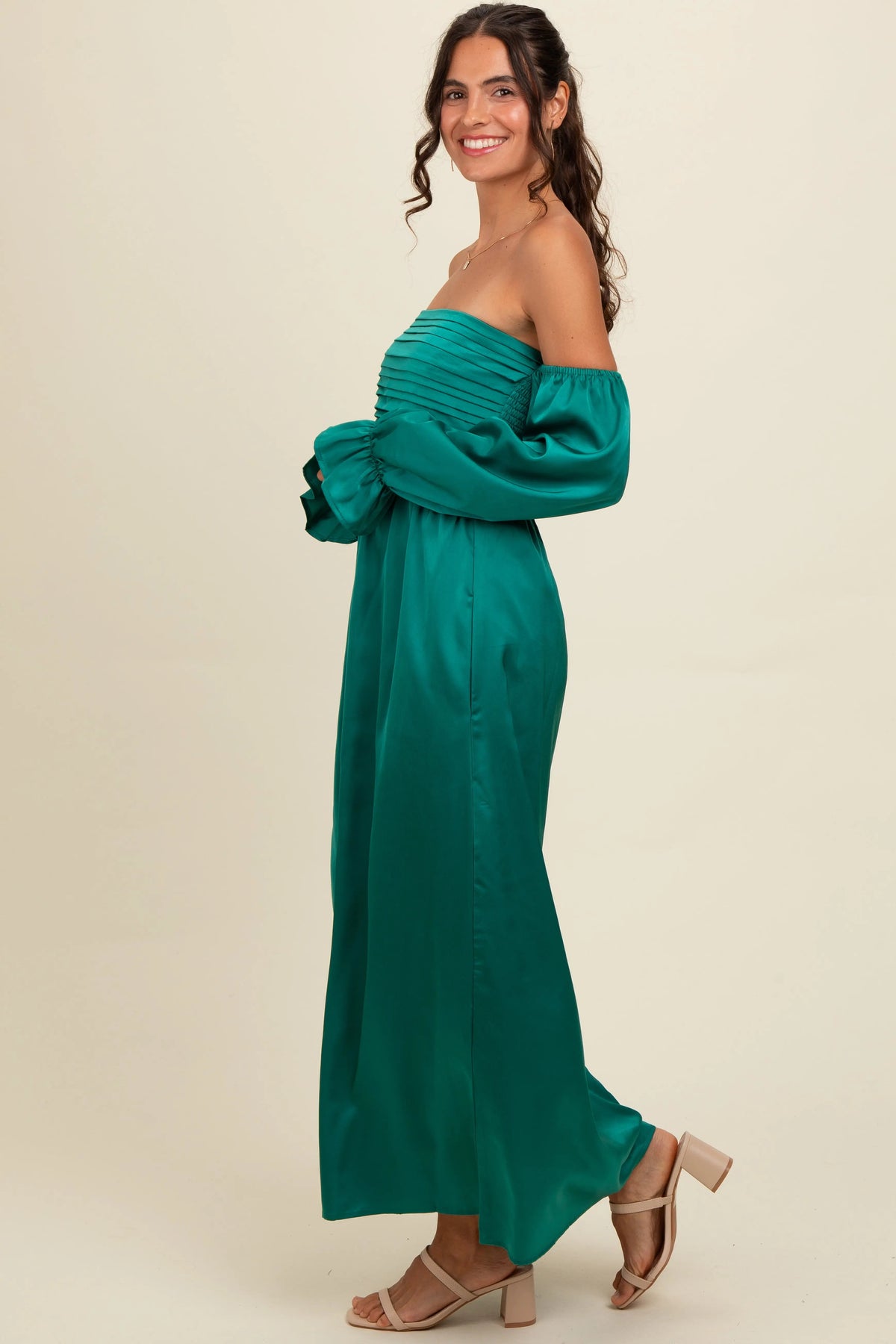 PinkBlush Emerald Green Off Shoulder Satin Pleated Bodice Maxi Dress - 