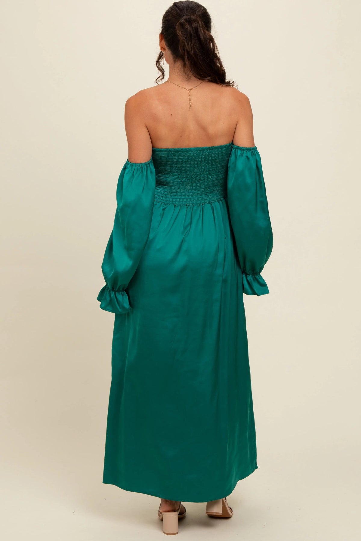 PinkBlush Emerald Green Off Shoulder Satin Pleated Bodice Maxi Dress - 
