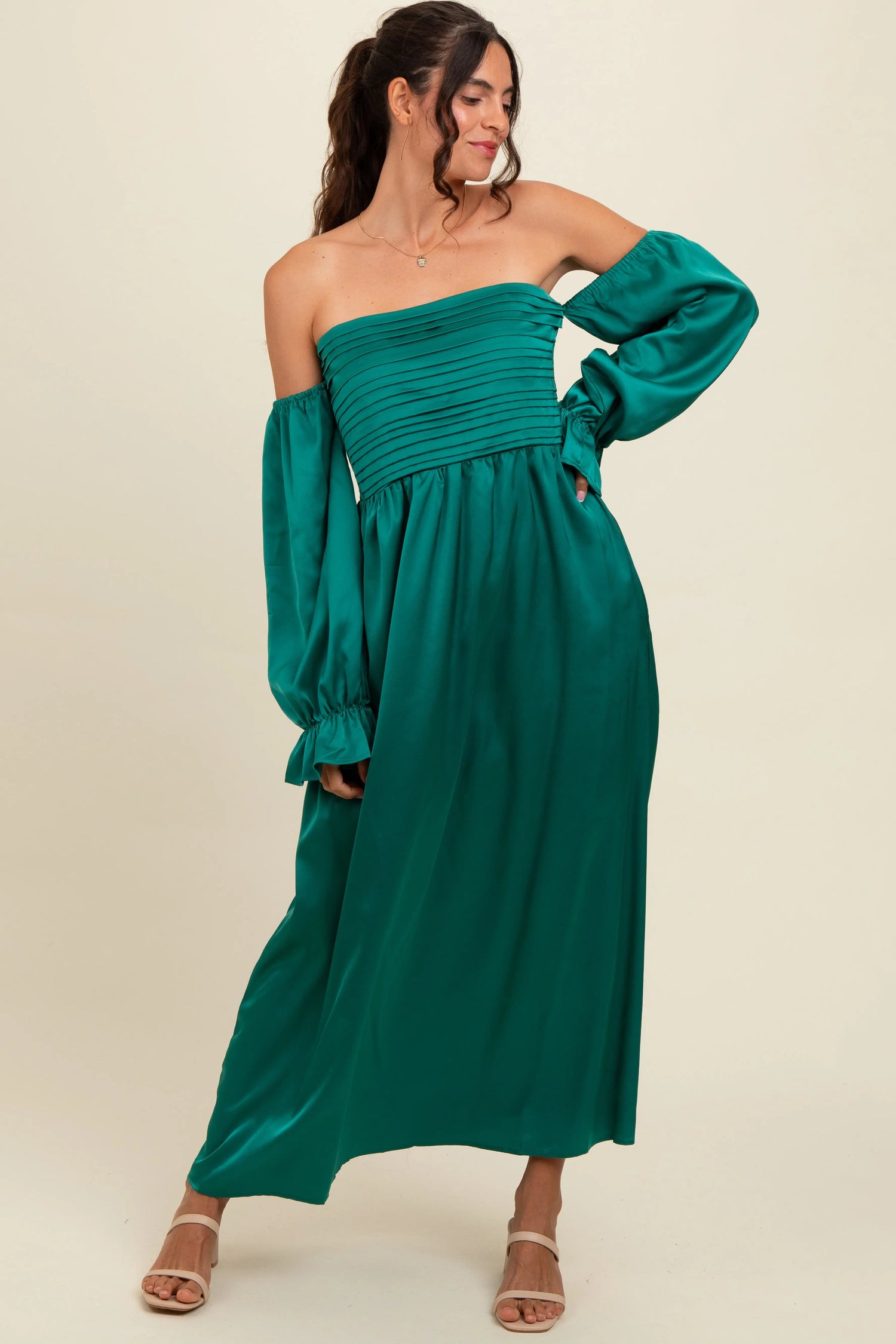 PinkBlush Emerald Green Off Shoulder Satin Pleated Bodice Maxi Dress - 