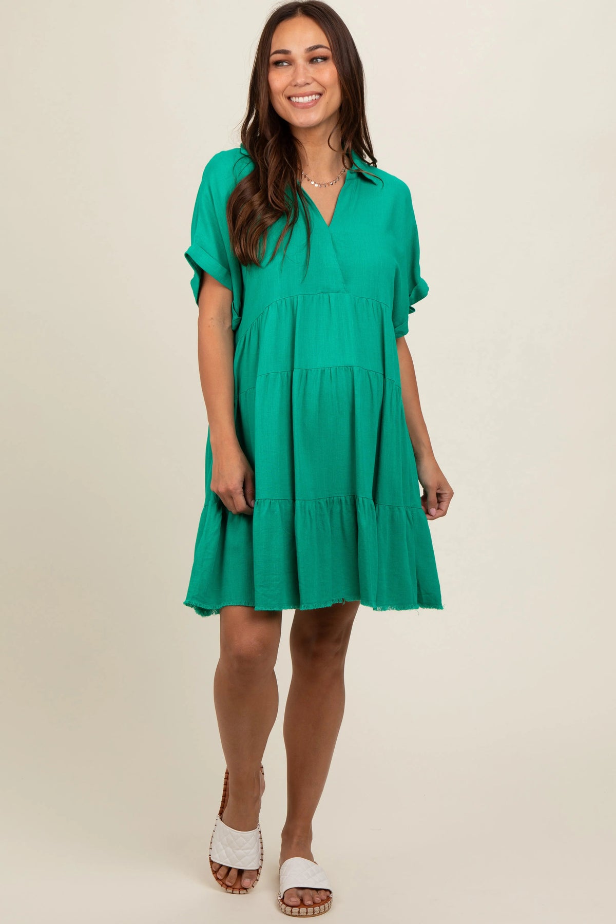 PinkBlush Emerald Green Tiered Linen Maternity Dress - 