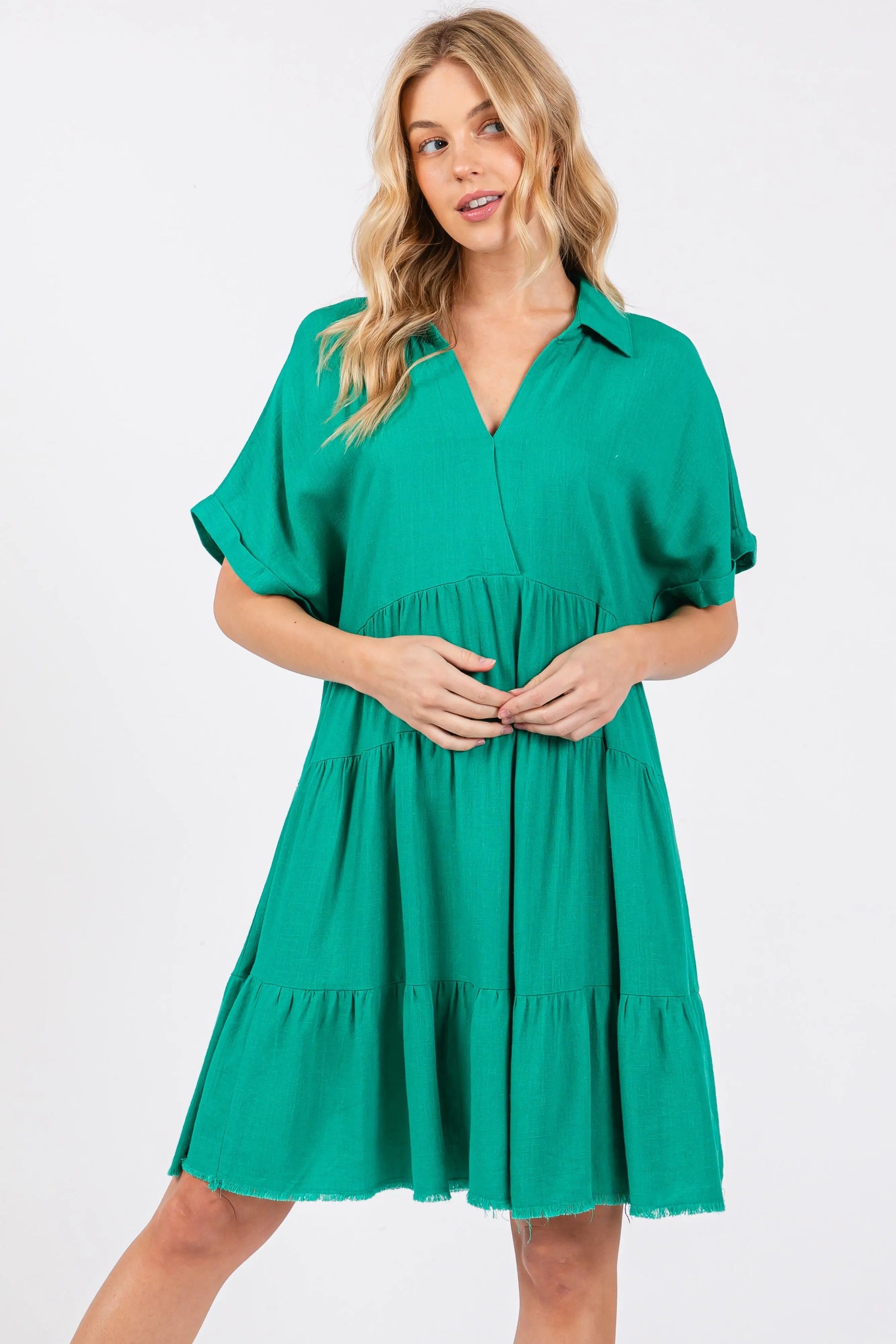 PinkBlush Emerald Green Tiered Linen Maternity Dress - 