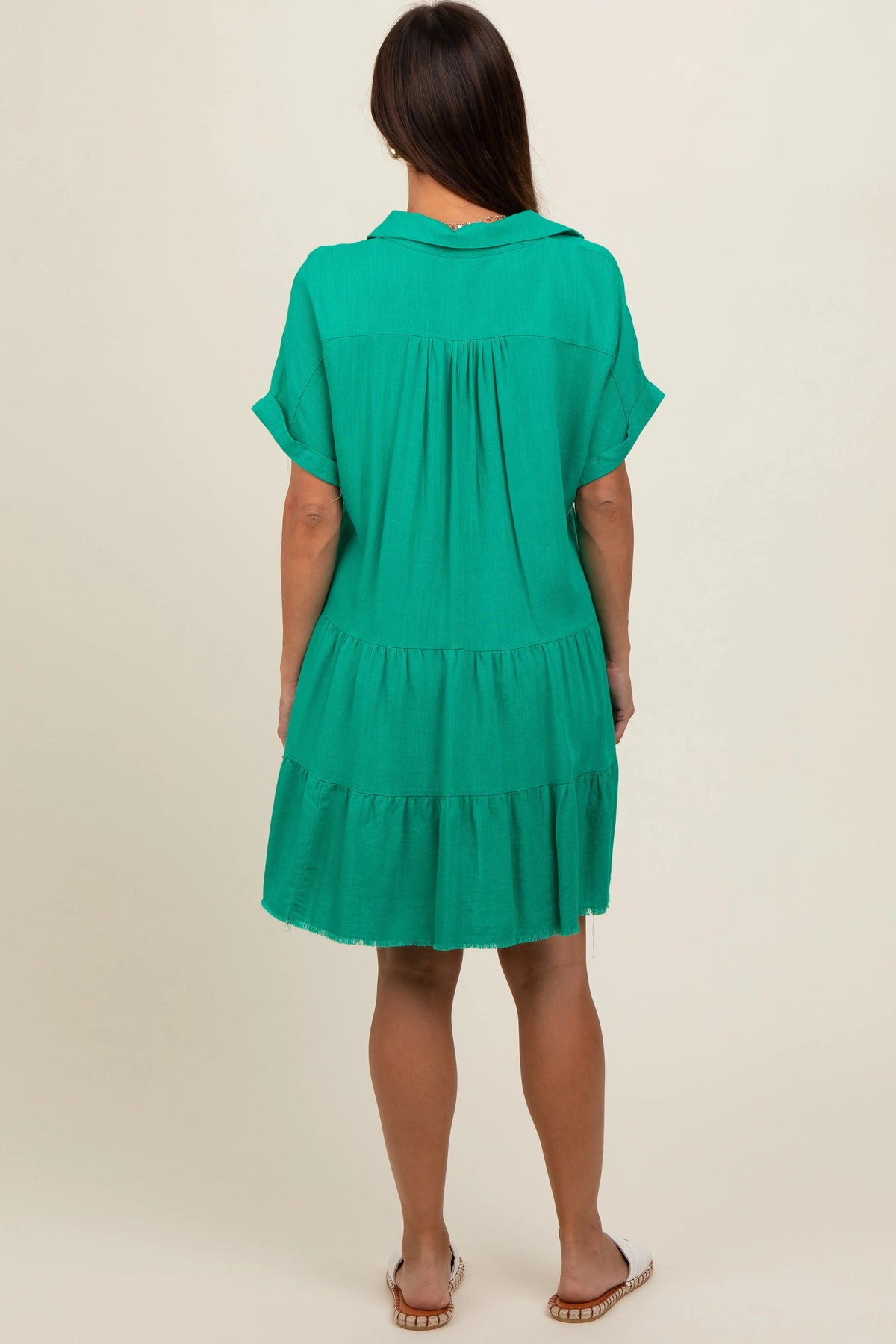 PinkBlush Emerald Green Tiered Linen Maternity Dress - 