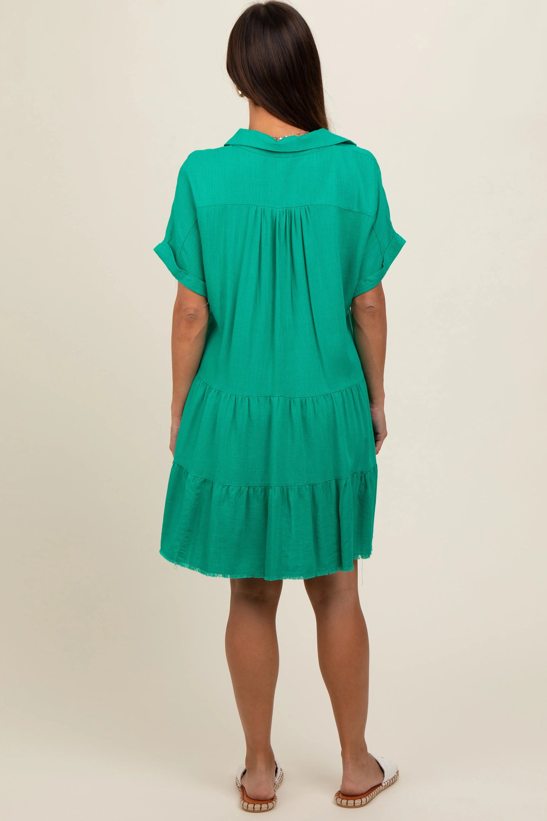 PinkBlush Emerald Green Tiered Linen Maternity Dress - 