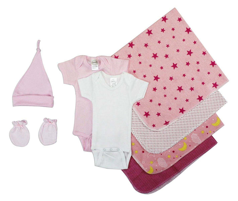 Essential Baby Girl 8 Piece Layette Set with pink and white bodysuits, hat, mittens, and patterned blankets.