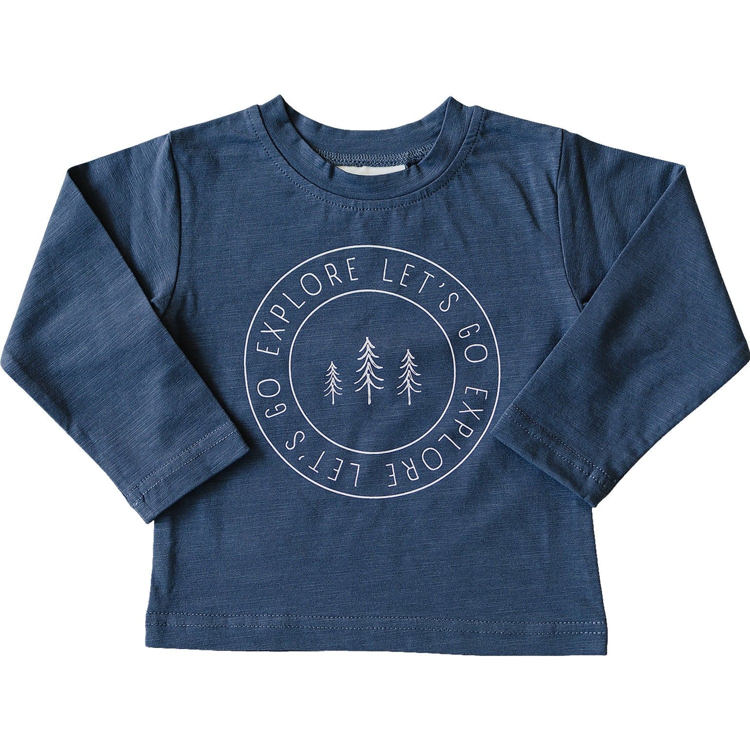 Long sleeve cotton baby tee with "Let's Go Explore" text across the front